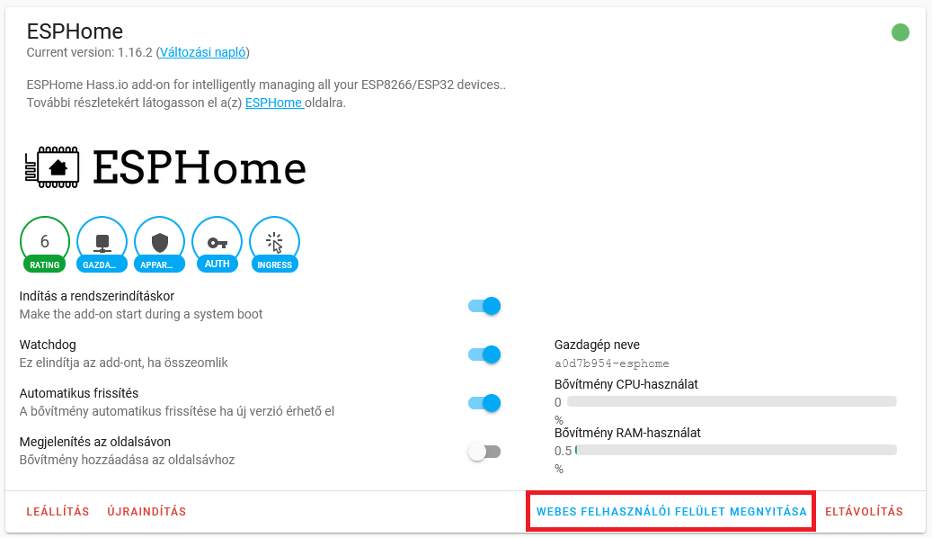 NodeMcu és DS18b20 - ESPhome webes felhasználói felület